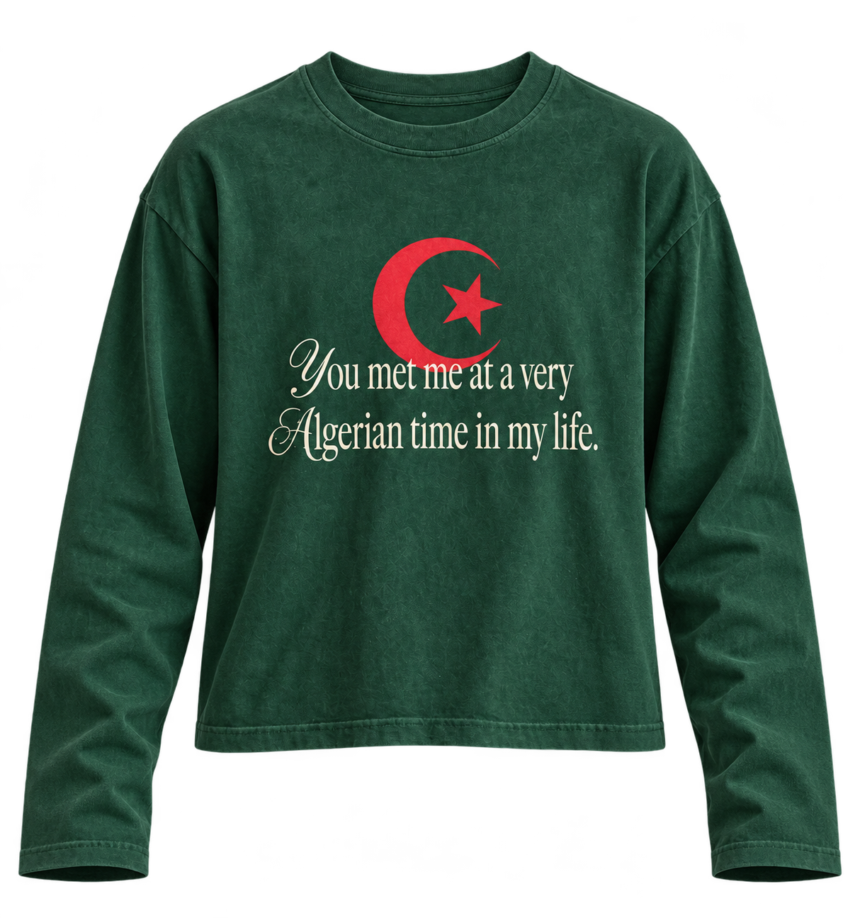 Green long-sleeve tee with a red Algerian crescent and star and cream lettering