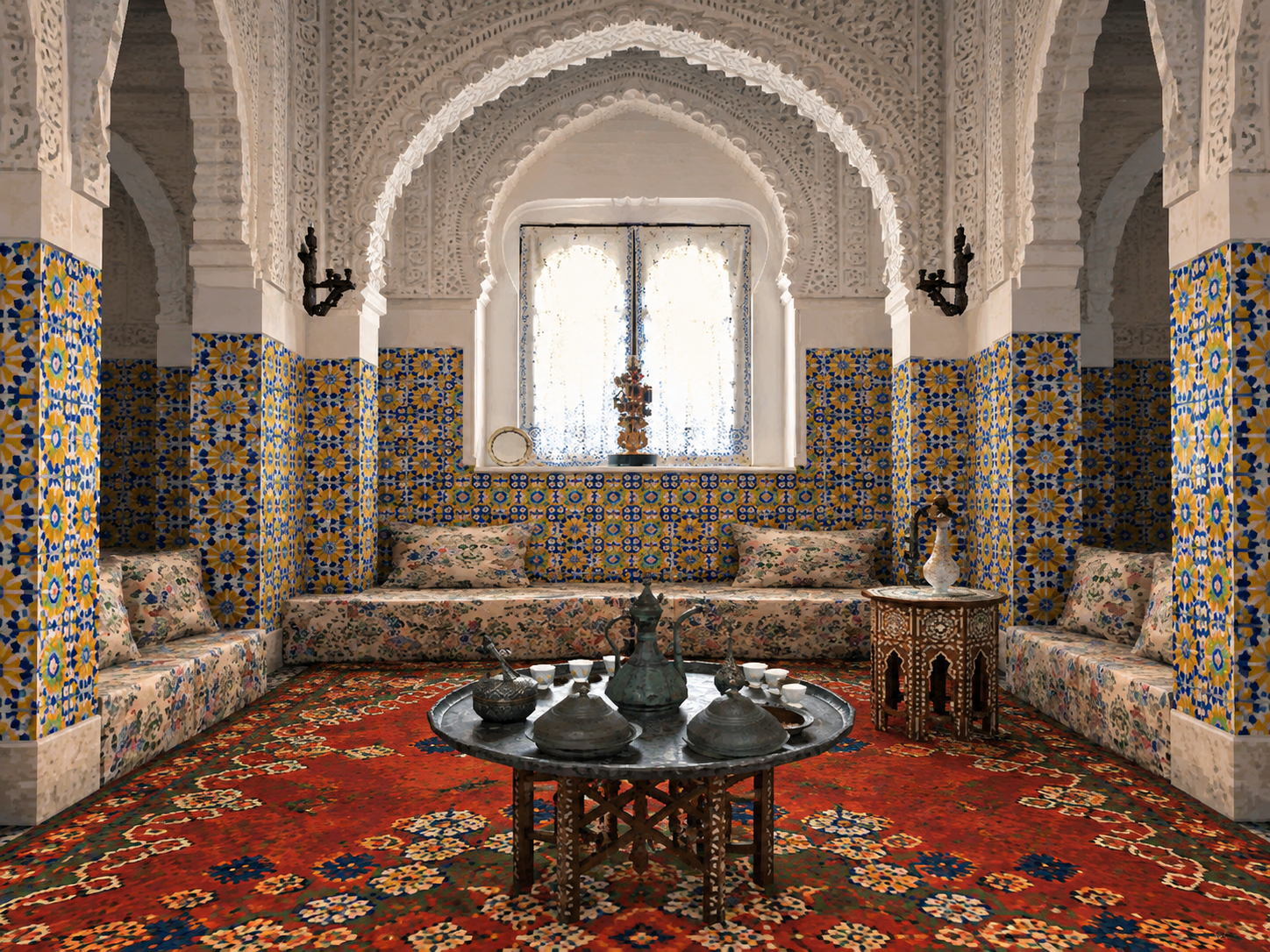 A traditional Algerian living room reimagined in a retro video game style