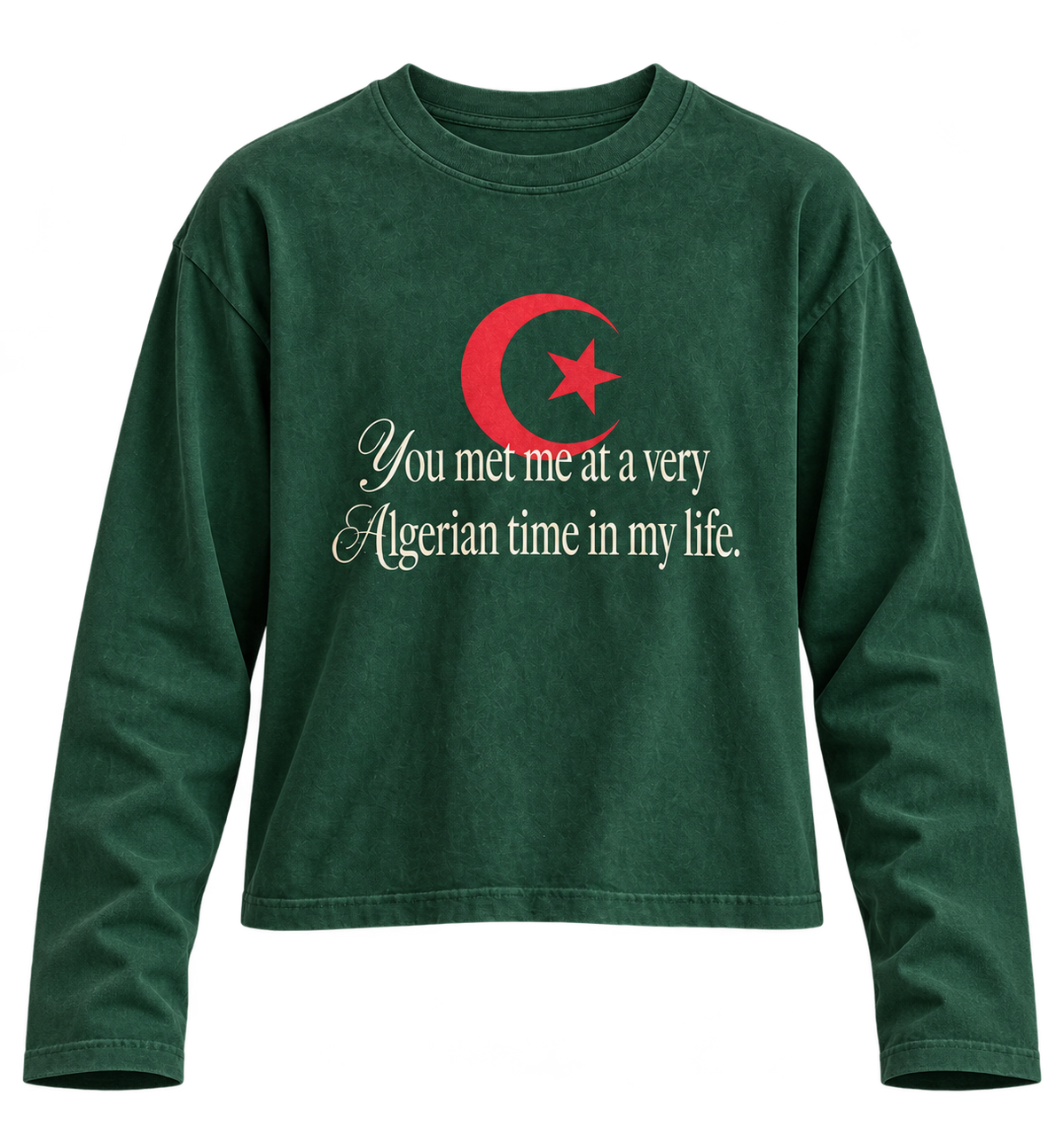 Algerian Time long-sleeve tee in deep green, front view