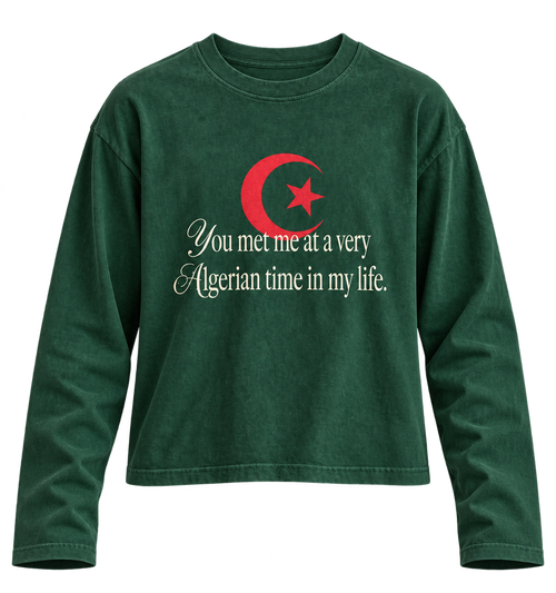 Algerian Time long-sleeve tee in deep green, front view